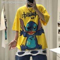 CODBo Ju S-8XL European and American tide brand hand-painted Stitch cartoon graffiti short-sleeved T-shirt for men and women couples trend Harajuku style casual wild five-point sleeve