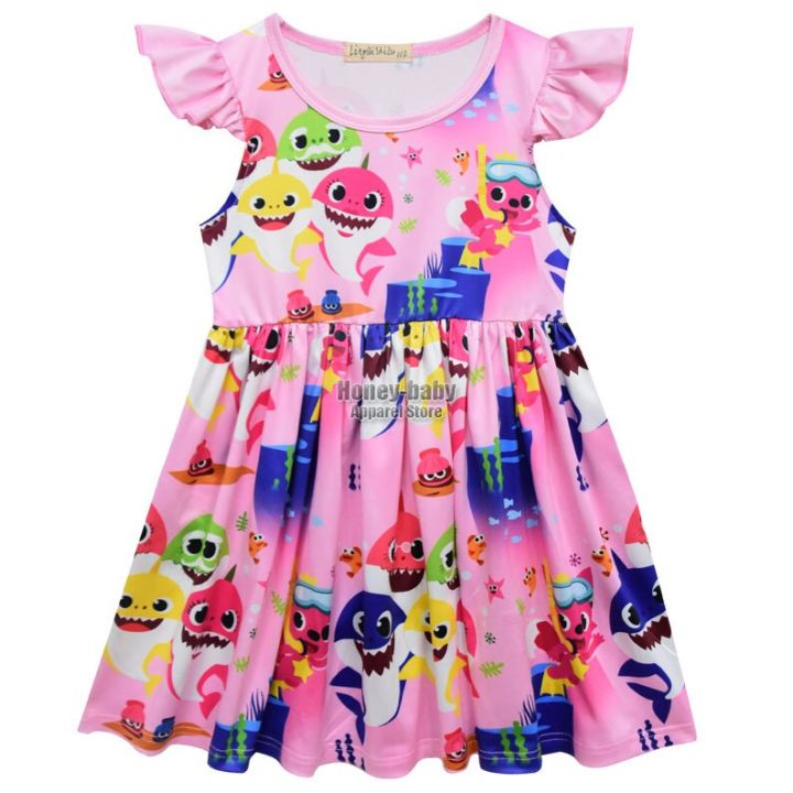 kids-girls-anime-cartoon-animal-shark-print-short-sleeve-o-neck-ruffle-dress-for-carnival-princess-outfits