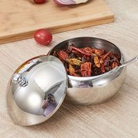 Stainless Steel Seasoning Jar Sugar Cereal Spice Bowl Drum-Shaped with Spoon Lid Kitchen Storage Pot Seasoning Bottle