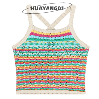 HUAYANG01 [2023 new HOT FASHION] lazlook เสื้อกล้ามถักลายทางย้อนยุคฤดูร้อนเสื้อกล้ามผู้หญิงเกาหลีแขนกุดเข้ารูป