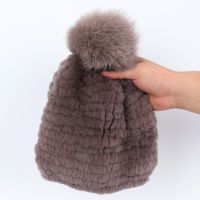 Good Elastic Real Fur Caps Female Real Rex Rabbit Fur Beanies Hat Women Winter Warm Knitted Natural Big Fox Fur Pompoms Hats