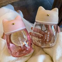 Cute water bottle creative cat design trendy cool mini glass water cup gradient color portable bottle girl child drinking gift