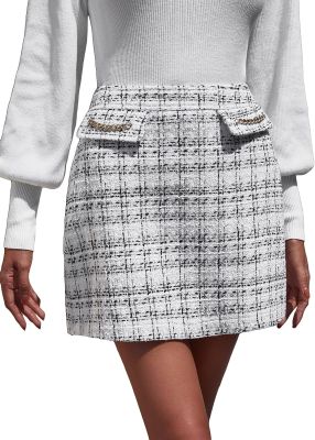 WDIRARA Womens High Waisted Plaid Print Tweed Straight Hem Causal Mini Skirt