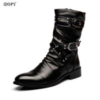 CODxdrrf5157 New Barber Handsome Shoes Men Pointed Toe Stage Performance Faux Leather Boots Male Punk Leather High Heels Shoes Buckle Booties Motorcycle Riding Boots Ankle Boots