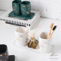 Nordic Bathroom Accessories Eco-friendly Imitation Marble Stripe Ceramic Toothbrush Cup Tootbrush Holder Cup pot brosse a dent