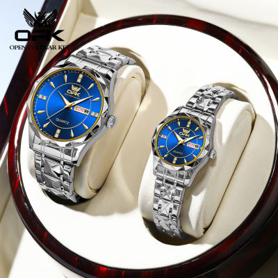 OPK นาฬิกาสำหรับคู่รักของแท้,นาฬิกากันน้ำเรืองแสงมัลติฟังก์ชันนาฬิกาแฟชั่นสแตนเลสสายเหล็ก