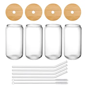 2PCS Set, Glass Straw 16Oz Can Shaped Glass Cups With Lids And