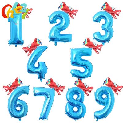 32inch Blue Red Number foil Balloons airplane balloon figure 1 2 3 year boy girl Birthday Party decorations Kid baby shower Gift Artificial Flowers  P