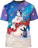 Mens Womens 3D Graphic Print Snowman Playing with Baby Penguins in Northern Light Pattern Lightweight T Shirt for Adults Men