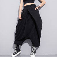 [EAM] 2022 New Spring High Elastic Waist Black Fold Bandage Stitch Loose Long Cross-pants Women Trousers Fashion JF897