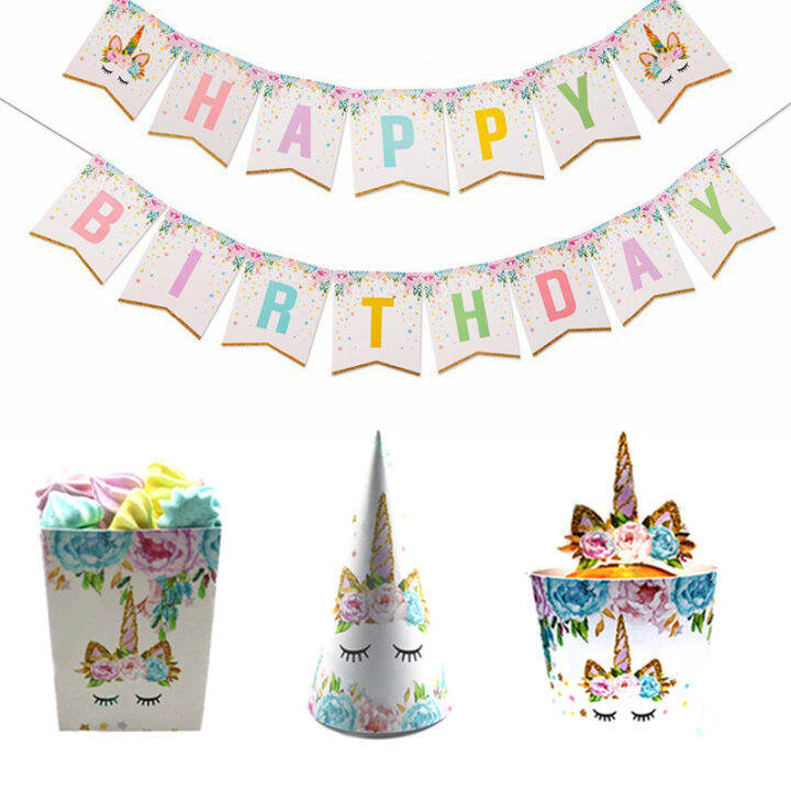 xinyi3-baby-shower-unicorn-กล่องข้าวโพดคั่ว-cupcake-topper-เค้ก-wrapper-หมวกตกแต่งเค้กเด็กวันเกิด-party