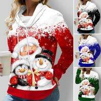 【Ready】Christmas Sweatshirt Snowmen Printed Pile Collar Elastic Cuff Long Sleeves Drawstring Pullover Soft Snowflake Santa Print Lady Christmas Tops For Party