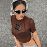 2023 Sp And Summer New Womens See-Through Mesh Tops Letter Embroidered T-Shirt Wooden Ear Edge Short Tops Female