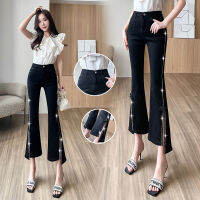 2023 New Korean Version Hot Diamond Sequin Versatile Split High Black Stretch Jeans