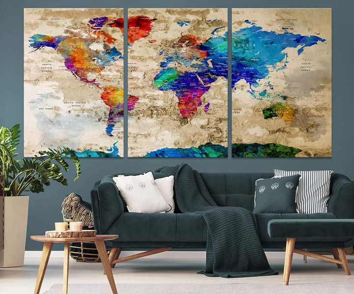 World Map Masterpiece Wall Art by My Great Canvas Piece Multi Panel X-Large  Hanging Canvas Print for Home Decor Track Your Travels with This Colorful  Antique Looking Map Framed  Ready