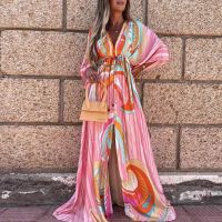 【CW】 Boho V Neck Cover-Up Beach Female Print Sleeve Lace-up Loose Tunic