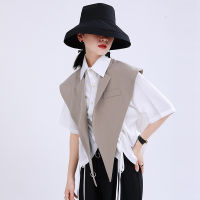 [EAM] Women Loose Fit Khaki Black Brief Irregular Split Joint Vest New Lapel Sleeveless Fashion Tide Spring Summer 1U527