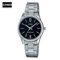 Velashop นาฬิกาข้อมือผู้หญิงคาสิโอ CASIO สายสแตนเลส สีเงิน หน้าปัดดำ รุ่น LTP-V005D-1BUDF, LTP-V005D-1B, LTP-V005D