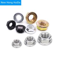 [HOT JIAZZAQQMGW 555] Hex Flange Nuts หกเหลี่ยมเมตริกด้าย Self ล็อค Lock Nut 304สแตนเลสสตีลสีดำเหล็กคาร์บอน M3 M4 M5 M6 M8 M10 M12