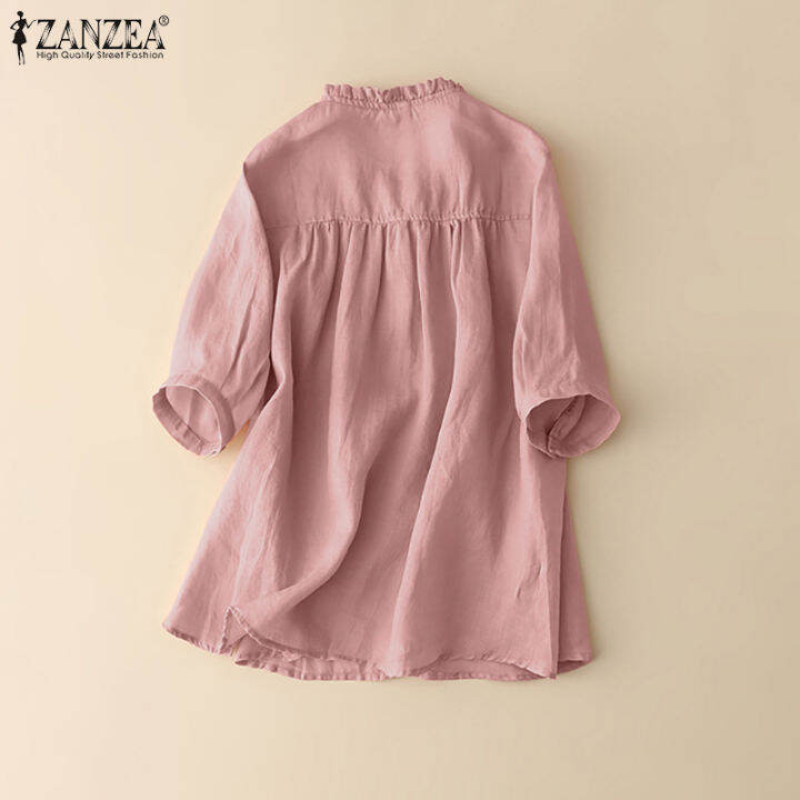 สินค้ามาใหม่-จัดส่งฟรี-fancystyle-zanzea-เสื้อเชิ้ตแต่งระบายแบบเรียบง่ายของผู้หญิงเสื้อมีกระดุมทรงหลวมผ้าคอตตอนเสื้อเบลาซ์สีพื้น-2