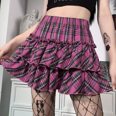 ‘；’ Japanese College Style Youth Girl Plaid Skirt Female High Waist Slim Lolita Cosplay Y2k Skirt Goth Skirt Pink Skirt