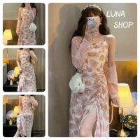 Luna shop?（พร้อมส่งจากกทม มาถึงใน 3-5 วัน）?เดรส?เดรสผ่าสายรูด เดรสสายเดี่ยวลายดอกไม้สำหรับผู้หญิง กระโปรงทรงสลิมสไตล์ฝรั่งเศส