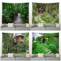 【cw】Tropical Palm Trees Jungle Landscape Tapestry Spring Flowers Wooden House Nature Green Plant Home Living Room Decor Wall Hanging ！