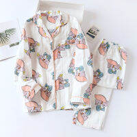 White New Cartoon Dumbo Gauze Pajamas Set Spring Autumn Lapel Ladies Long-sleeve Cardigan Print Pajamas Cute Wind Home Clothes