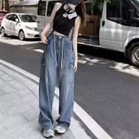 [ส่งของ]DaDuHey 2023 Women Fashion Hip Hop Patch Pocket Profile Jeans R Washed Loose Cargo Pants Trousers