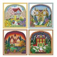 ✧☼♗ Four Seasons Hut Series DMC Counted Printed Canvas Cross Stitch Kits Crafts Embroidery Set Needlework Cross-stitching