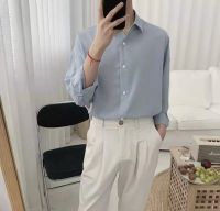 ☑☏ Mist blue minimalist style shirt mens long-sleeved Korean style trendy loose spring and summer high-end lazy style casual shirt