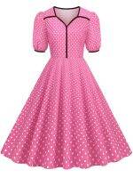 HOT★V คอ Polka Dot Vintage ชุดสตรีฤดูร้อนสูงเอวแขนสั้นสบายๆสบายๆ Sundress