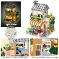 City Street View Creative Pet Shop Coffee House Flower Shop Building Blocks Architecture Bricks With Light Toys For Kids Present