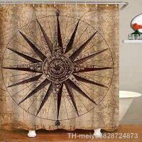 【hot】☬  Shower Curtain Sea Yacht Theme Colored Wood Backdrop Rudder Compass Fabric Set