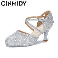 CINMIDY สีแดง R Hinestones รองเท้าเต้นรำละตินของผู้หญิงรองเท้าเต้นรำแทงโก้รองเท้าที่ทันสมัยด้านล่างนุ่มรองเท้าแต่งงานเงิน