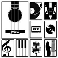 2023 ❂ Black and White Minimalist Guitar Record Player Microphone Canvas Painting Poster Prints Music Lover Studio Wall Art Home Decor