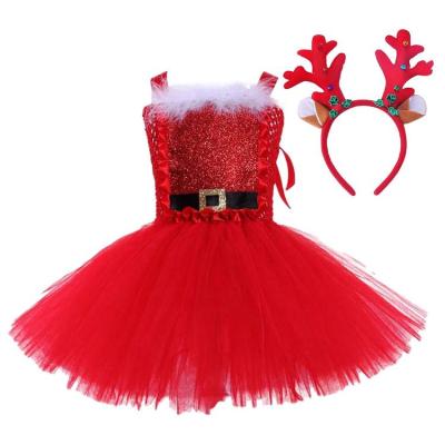 Christmas Dresses for Girls Sleeveless Dress with Bowknot Cute Christmas Cosplay Party Tutu Dance Gown with Antler Headband amicable