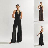 Modelhouses # Women เสื้อห้อยคอชุดฤดูร้อน Jumpsuit แขนกุดแบบลำลองสีทึบกางเกงขาม้า Romper