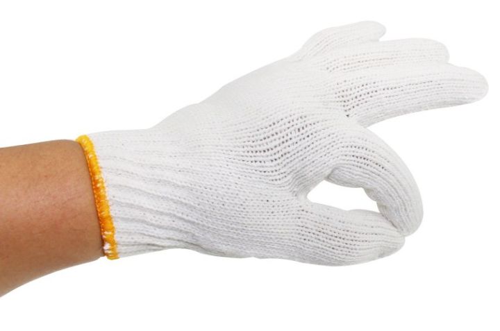 ถุงมือ-ถุงมือผ้า-ถุงมือผ้าฝ้าย-สีขาว-ถุงมือผ้าทอ-ขนาด-5-และ-7-ขีด-ขายยกโหล-white-cotton-gloves-working-gloves-ถุงมือทำงาน