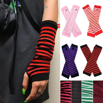 Women's Striped Arm Warmer Knit Long Fingerless Gloves Arm Sleeve Mittens  Winter