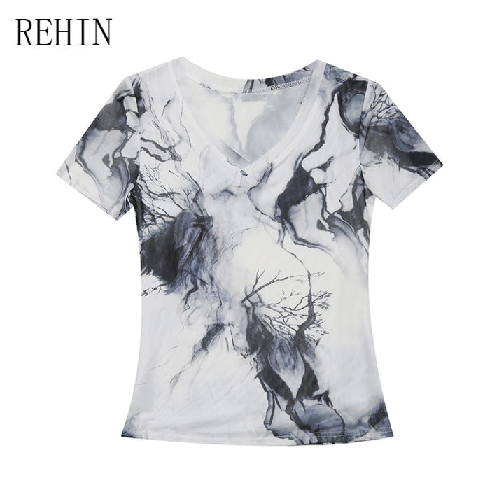 rehin-women-s-top-summer-new-v-neck-short-sleeved-t-shirt-slim-type-creative-printing-elegant-blouse