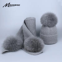 Women Childrens Scarf Hat Set Pompoms for Knitting Real Fox Fur Ball Autumn And Winter Warm Girl Skullies Beanies High Quality