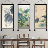 Chinese Ink Lotus Flower Wall Art Canvas Painting Living Room Decoration Wall Tapestry Posters Hang Scroll Painting Home Decor