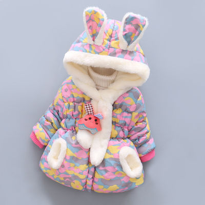 Girls New Fashion 3 Colors Winter Christmas Party Coats Scarf Warm Baby Cute Rabbit Ears Hooded Camouflage Jacket Infant Outwear