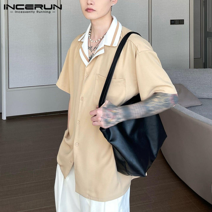 incerun-เสื้อเบลาส์ลำลองคอปกปกคอปกคอปกเสื้อเชิ้ตคาร์โก้สำหรับวันหยุดเสื้อออกกำลังกายแบบเข้ารูปสำหรับผู้ชายแบบหลวมๆผู้ชายแขนสั้น-สไตล์เกาหลี