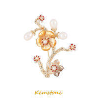 Kemstones Elegant ชุบทอง Zircon Pearl ดอกไม้ประดับดอกเหมยเข็มกลัด Syal Sutra ปุ่มสำหรับผู้หญิงหรูหราเครื่องเพชรเครื่องประดับของขวัญ