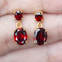 ต่างหูพลอยโกเมนจันทบุรี (Garnet) เรือนเงินแท้92.5%ชุบทอง พลอยสีแดงอมน้ำตาล เนื้อใส  พลอยแท้บ่อ จันทบุรี