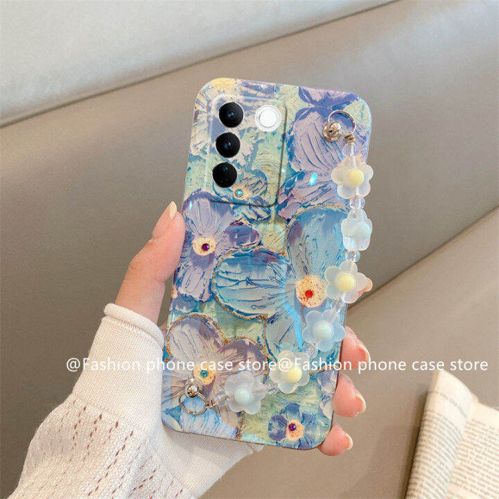 phone-case-เคส-vivo-v27e-v27-pro-5g-y02a-วินเทจพรีเมี่ยมบลูเรย์เคสโทรศัพท์ภาพดอกไม้ภาพสีน้ำมันปกนุ่มพร้อมสร้อยข้อมือ2023