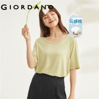 GIORDANO ผู้หญิง คลาวด์เซนส์ ผ้าฝ้ายถักสีทึบชายเสื้อคอยูแขนสั้นเสื้อยืด Free Shipping 05323440