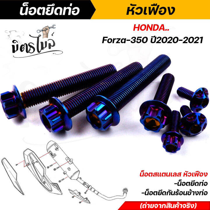 น็อตยึดท่อ-forza-350-ปี2020-2021-1ชุด7ตัว-เลสแท้100-เลส-ทอง-ไทเท-ในชุดประกอบด้วยน็อตยึดท่อ-น็อตยึดกันร้อนข้างท่อ-น็อตยึดท่อฟอซ่า